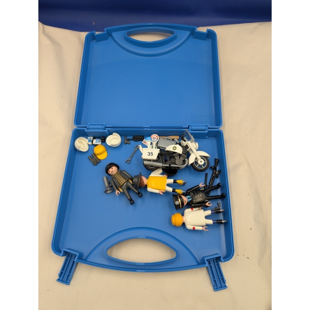 Playmobil Carrying Case W Figures Accessories Police Motorcycle Hockey Players